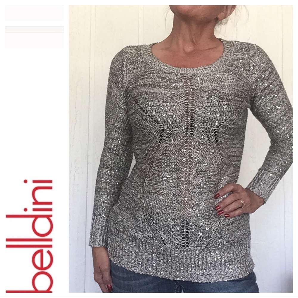 BELLDINI LONG SLEEVE METALLIC SILVER SEQUIN SWEATER SMALL